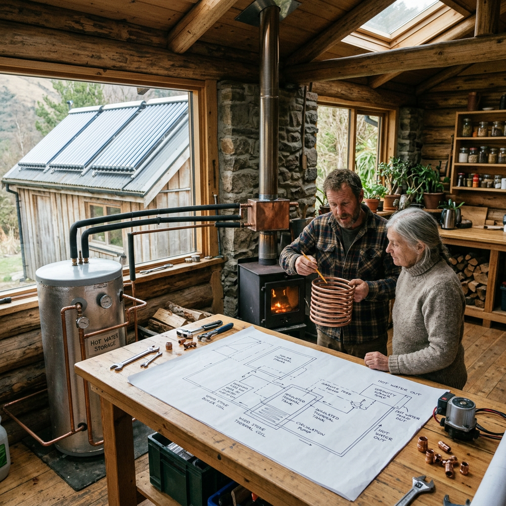 Couple reviewing a hot water system diagram beside a wood stove and tank